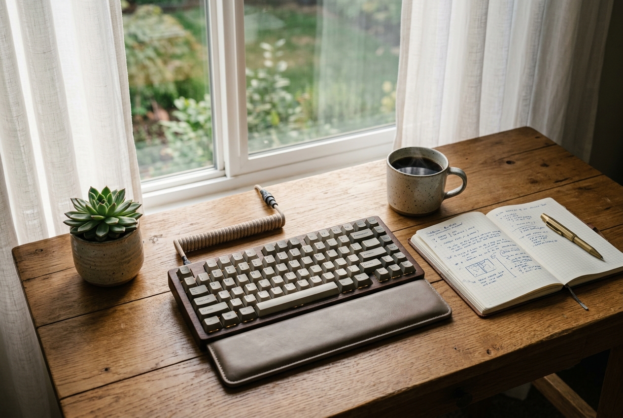A tranquil, naturally lit wooden work desk with morning light streaming through sheer curtains